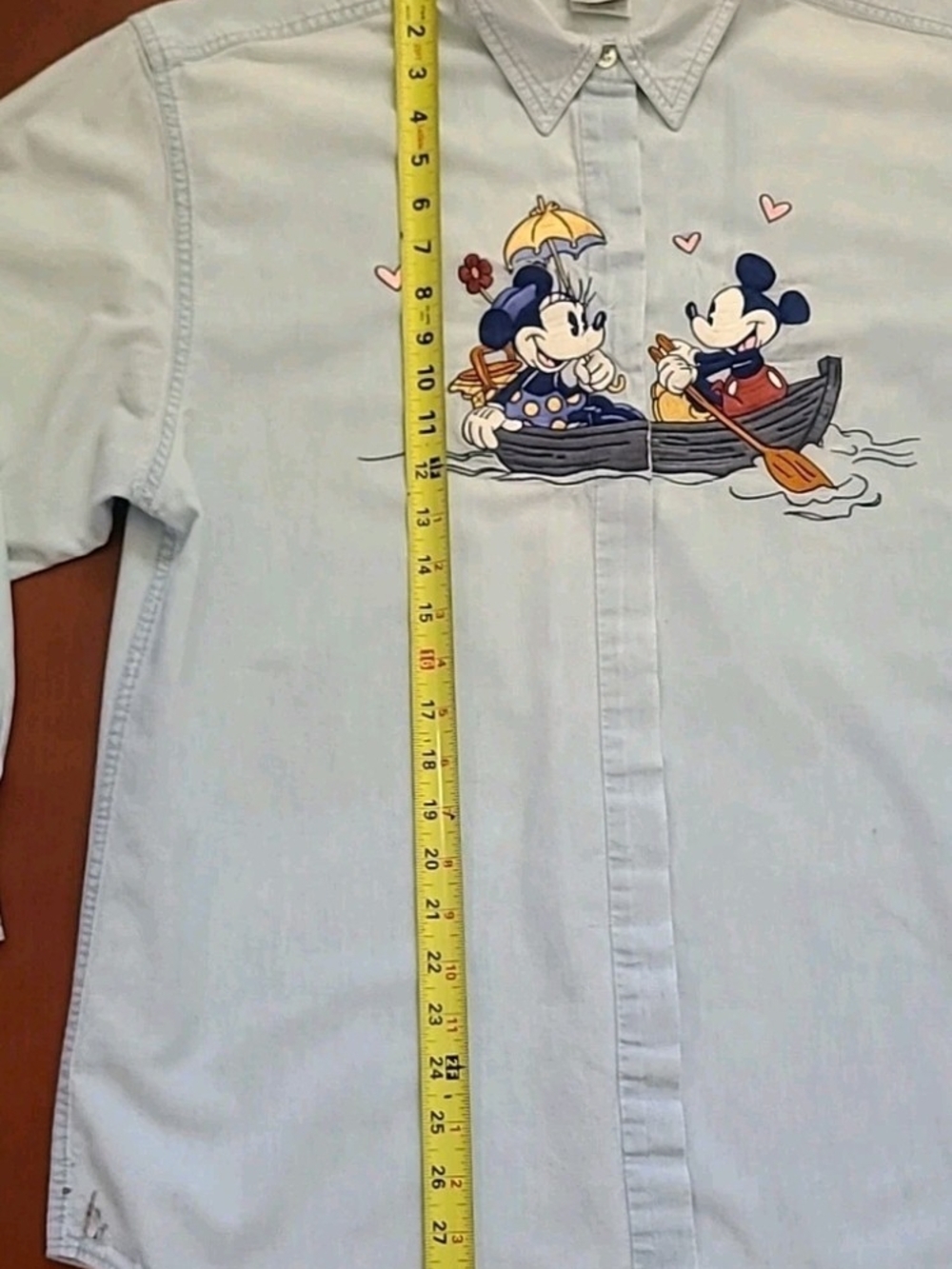 VTG Disney Store Large Embroidered Denim Shirt Mickey/ Minnie Mouse Rowing Boat - Picture 12 of 15